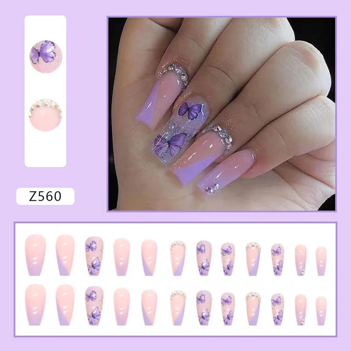 Medium Press on Nails Coffin - Purple Fake Nails with Butterfly Design - Rhinestone, Ombre Full Cover Stick on False Nails -for Women 24 Pcs