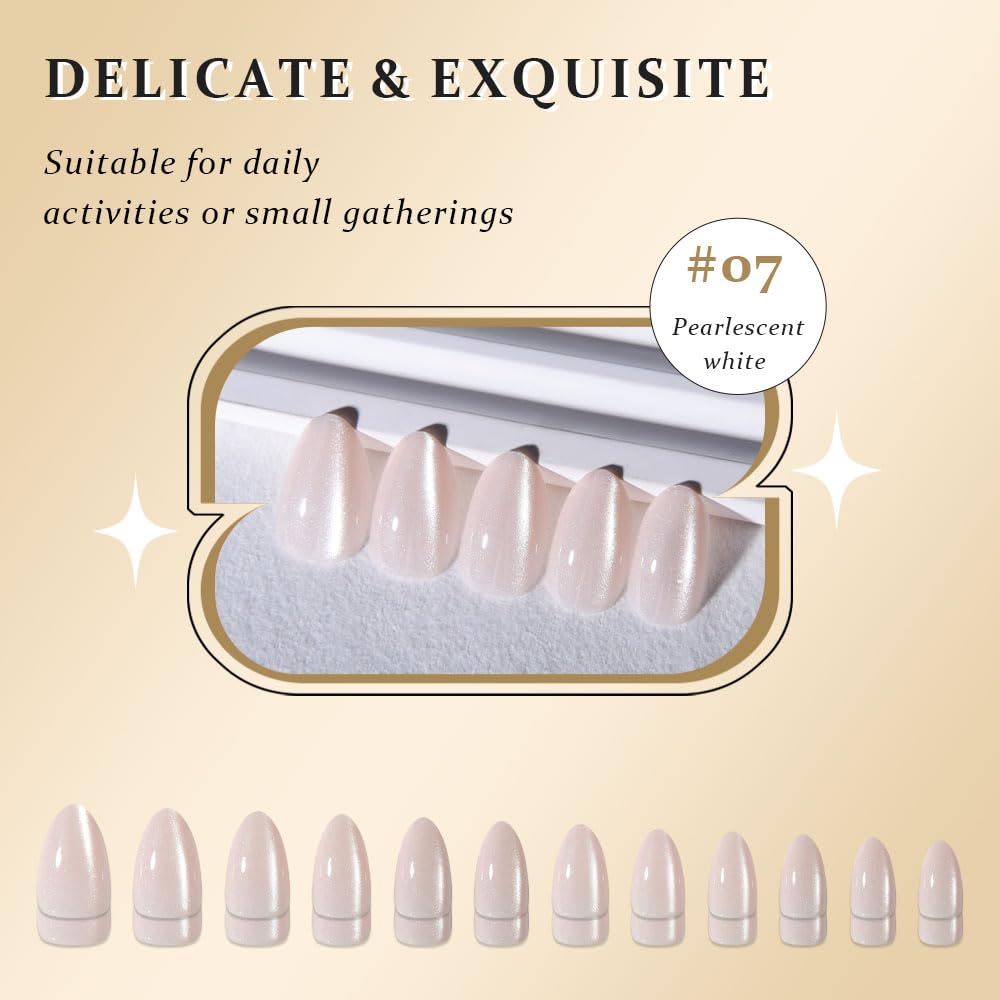 evpct Crystal White Cat Eye Extra Short Press on Nails Almond, Petite Short Almond Stick on Nails for Women Gift, White Glossy Holographic False Nail Reusable Press on Acrylic Fake Nail with Design