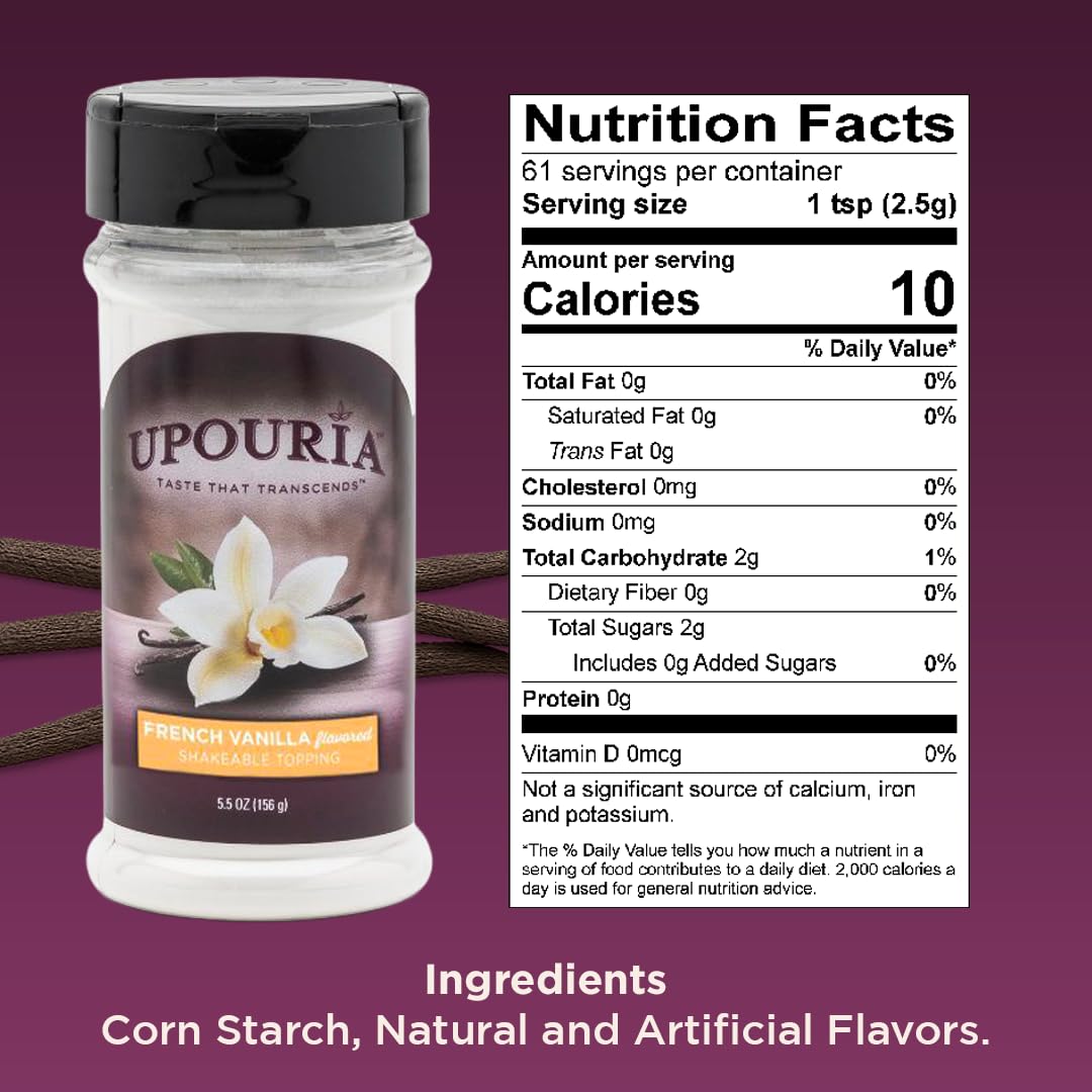 Upouria Vanilla Flavored Shakable Topping for Coffee, Lattes, Desserts, Gourmet Vanilla Taste, 5.5oz
