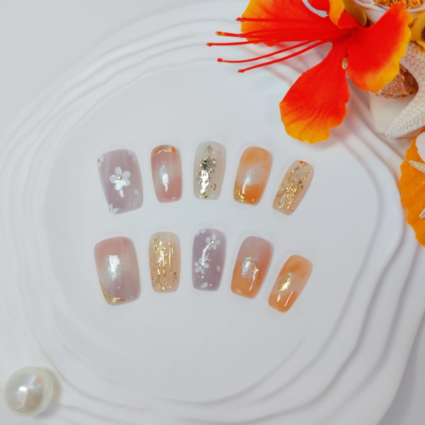 Medium Square Press on Nails Cat Eye Handmade False Nails with Designs, French Tip Short Coffin Reusable Fake Nails (Floral Orange#Small)
