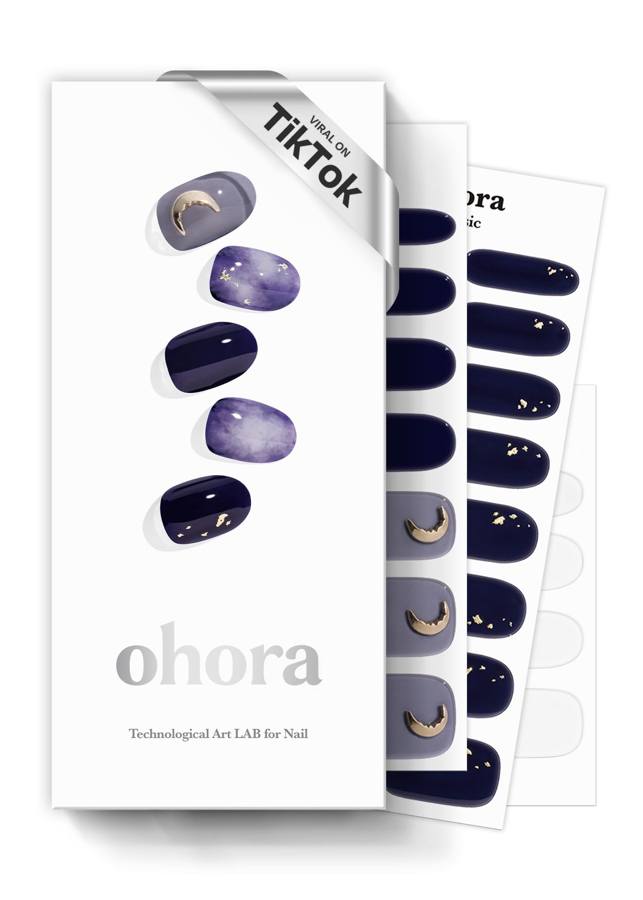 ohora Semi Cured Gel Nail Strips (N Lunar Eclipse) - Dark, Patterned, Works with Any UV/LED Lamps, Salon-Quality, Long Lasting, Easy to Apply & Remove - Includes 2 Prep Pads, Nail File & Wooden Stick