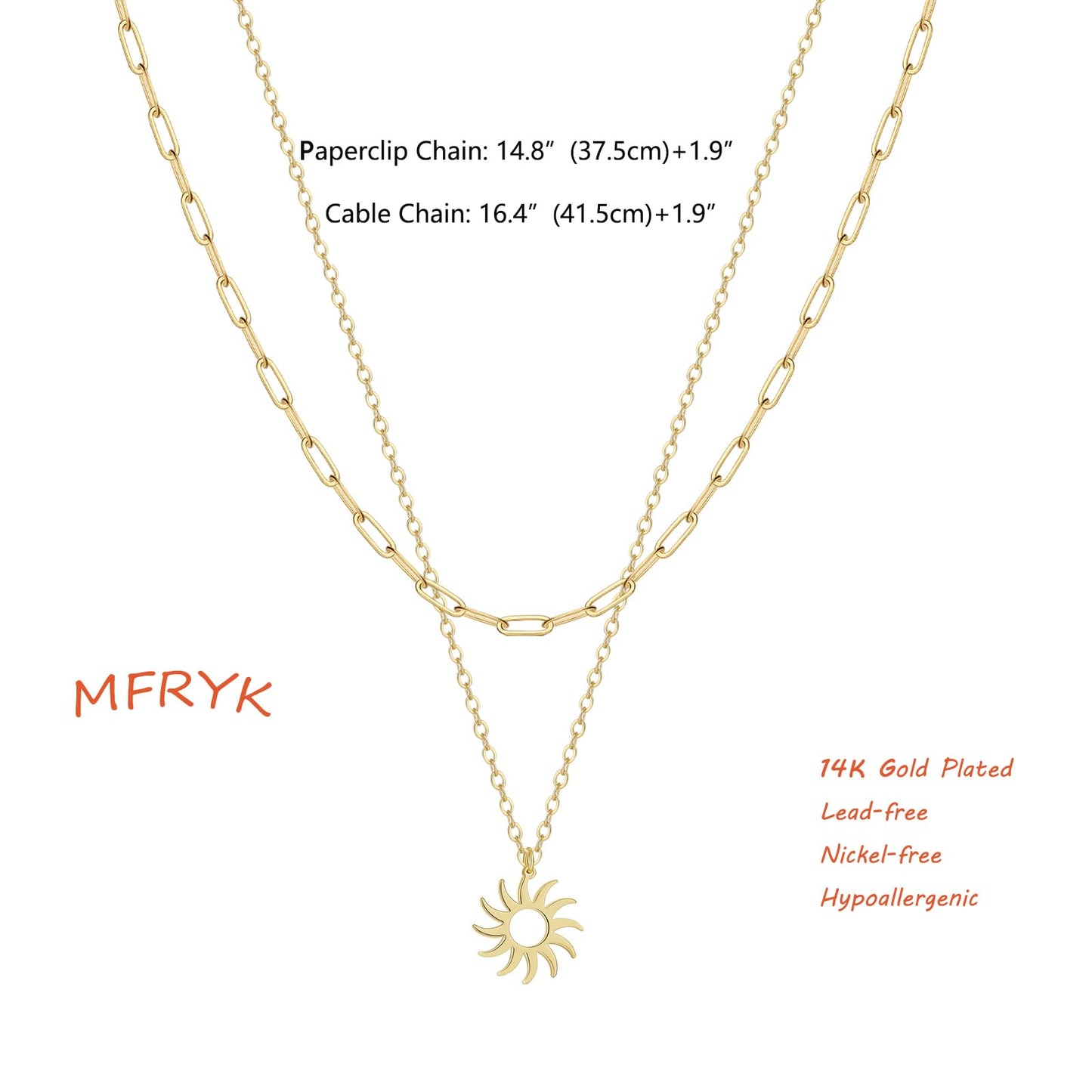 MFRYK Gold Necklaces Stack, 14K Gold Plated Simple Layered Choker Necklaces, Gold Stackable Multilayer Sun Pendant Cable Chain Paperclip Chain Layering Necklaces Set