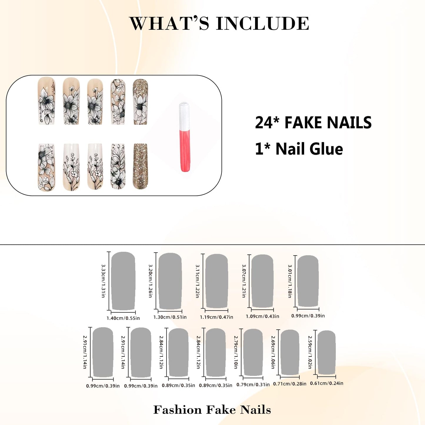 IMRAIN Long Square Press on Nails Glossy Gold Glitter Fake Nails Black Flowers Acrylic False Nails Sparkly Full Cover Glue on Nails for Women DIY Manicure Decor 24Pcs