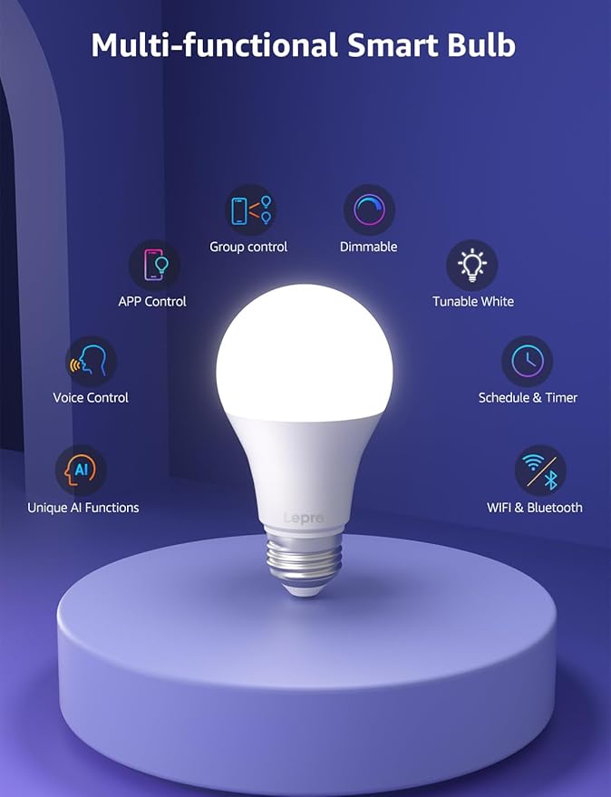 Lepro B1 AI Smart Light Bulbs - WiFi & Bluetooth RGBWW Color Changing LED Bulb Works with Alexa & Google Assistant, Personalized Al Lighting Designer, AI Voice Control, Music Sync, 2.4GHz Only, 4 Pack