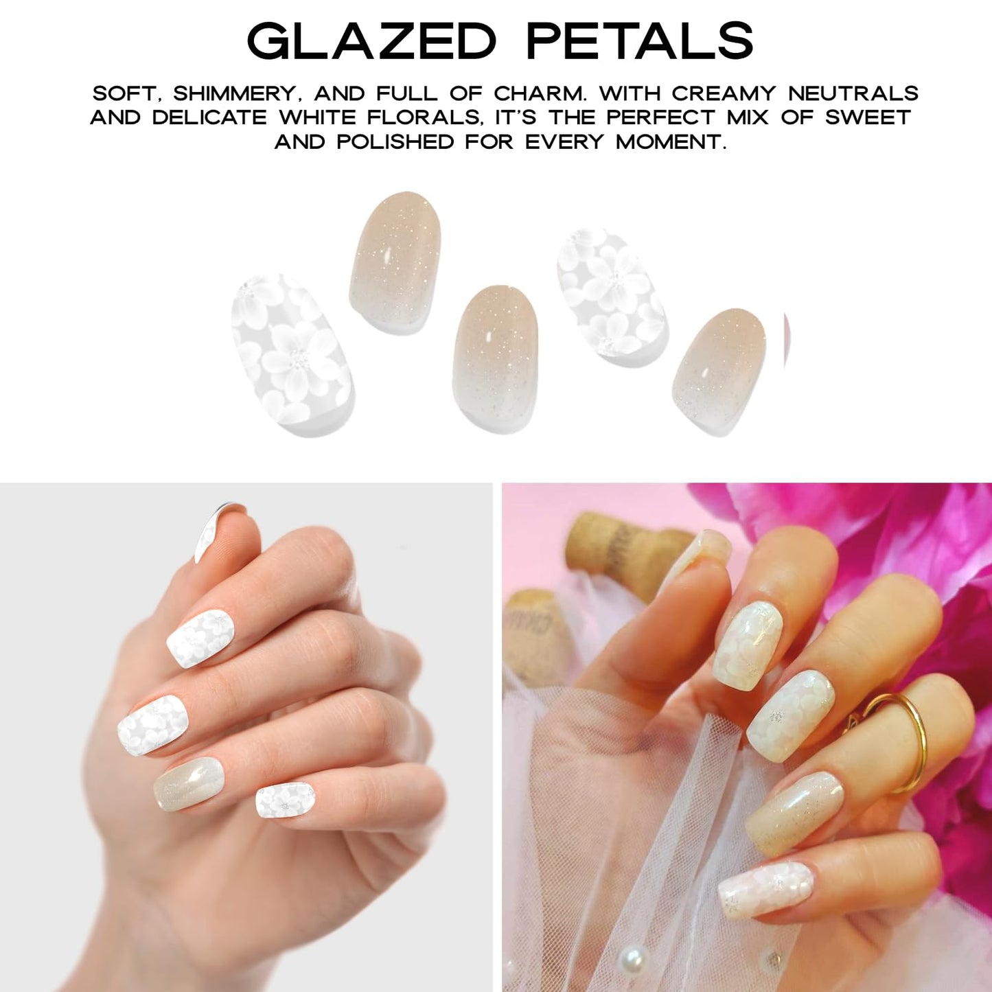 Adora Couture Semi Cured Gel Nail Strips with 20 Pieces - UV Gel Stickers, Manicure Kit, Easy Application Wraps Includes Prep Pads, Nail File, Wooden Stick - UV Light Required (Glazed Petals)