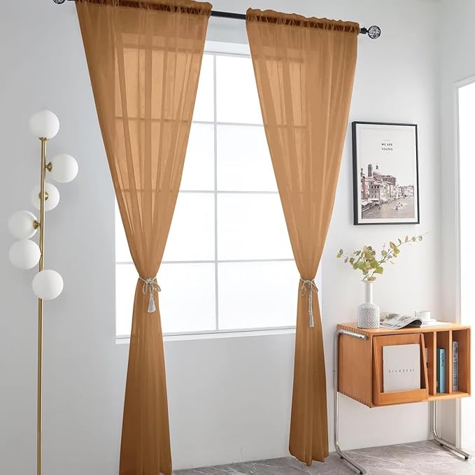 SpaceDresser Basic Rod Pocket Sheer Voile Window Curtain Panels Light Brown 1 Pair 2 Panels 52 Width 84 Inch Long for Kitchen Bedroom Children Living Room Yard（Light Brown, 52W x 84L）