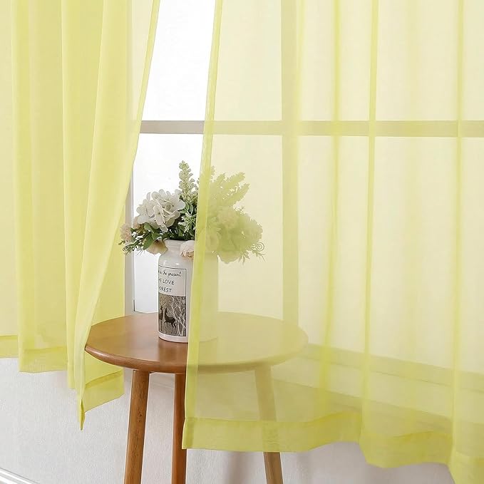Lecloud Goose Yellow Sheer Curtains 54 Inch Length 2 Panels, Voile Light Filtering Bedroom Curtains for Living Room Windows, Rod Pocket Rustic Solid Drapes for Dining Room, Each Panel 42" W x 54" L