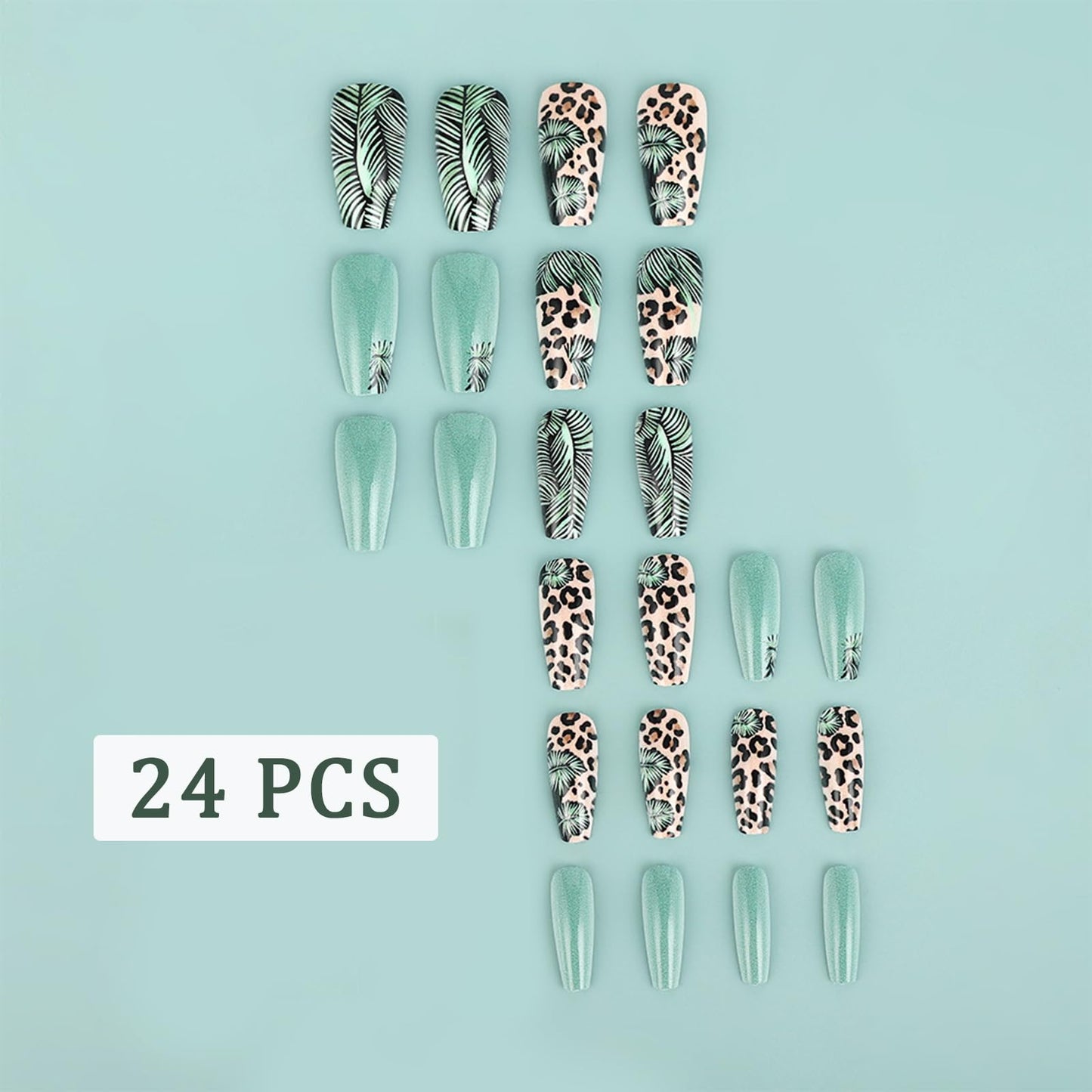 Green Leopard Print Press on Nails Medium Square Fake Nails Palm Leaf False Nails with Solid Color Green Designs Full Cover Acrylic Nails Glossy Cheetah Finger Manicure for Women 24Pcs