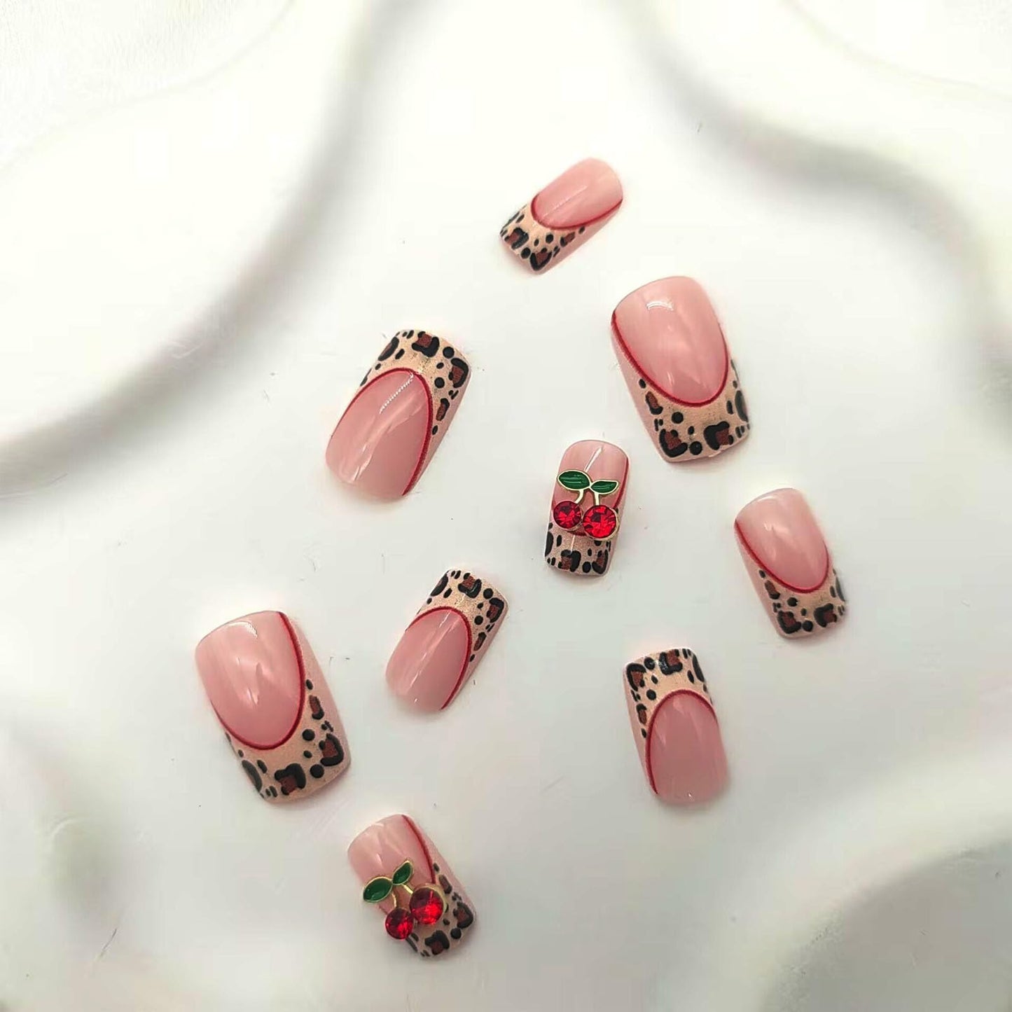 French Tip Press on Nails Square Medium Fake Nails with 3D Cherry Leopard Print Designs Glossy Glue on Nails Nude Full Cover Nails Press ons Fall Acrylic Artificial Stick on Nails for Women 24Pcs