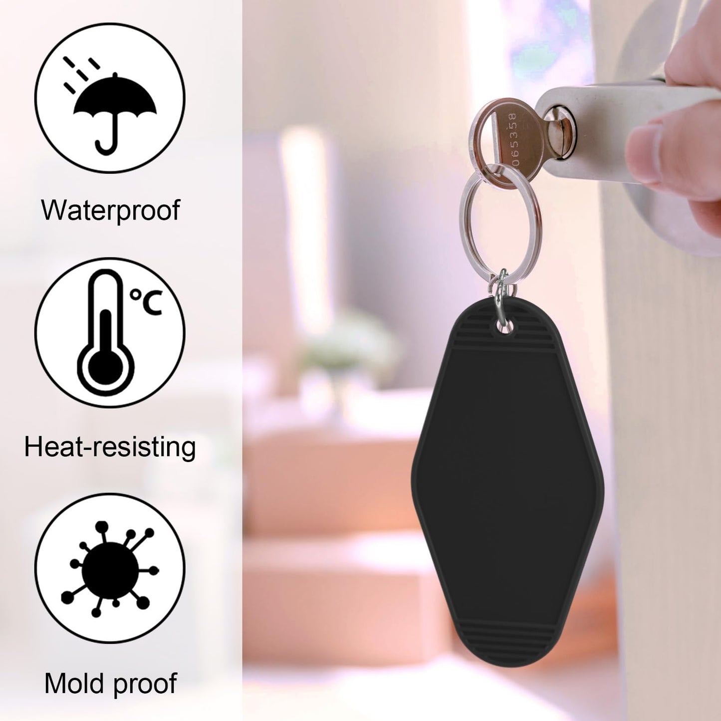 LOTMER 40 PCS Hotel Keychain Blank with Key Rings, Black Plastic Motel Keychain for DIY Keychain and Luggage Tag