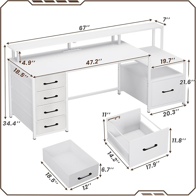 SEDETA White Computer Desk with 5 Drawer & Power Outlet, 66'' Home Office Desk with File Drawer, Storage Shelves, Printer Cabinet and Monitor Shelf, Gaming Desk with Led Lights