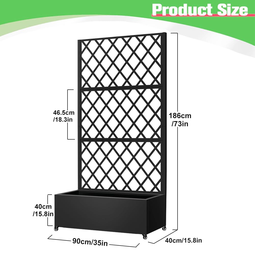 Metal Planter Box with Privacy Screen Trellis,Galvanized Raised Garden Bed On Wheels for Climbing Plants Vines, Standing Garden Flower Bed with Drainage Holes (Black, 35" L x16 W x 73" H)