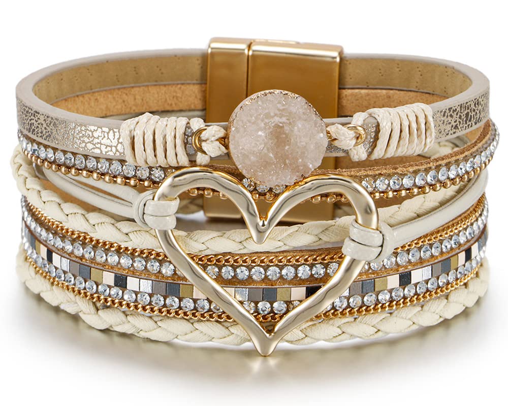 Leopard Bracelet for Women, Boho Leather Wrap Multi-Layer Pearl Crystal Bracelet Bangle Jewelry (Heart Leather(Khaki))