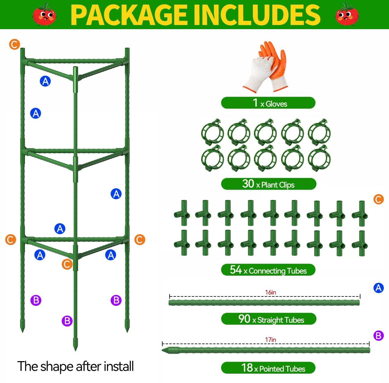 6 Pack Large Tomato Cage for Garden Up to 49" H X 16" W Metal Plant Support Stakes with Clips Triangle Pea Cages Cucumber Trellis for Vegetables Pots Vines Flowers Climbing Plants
