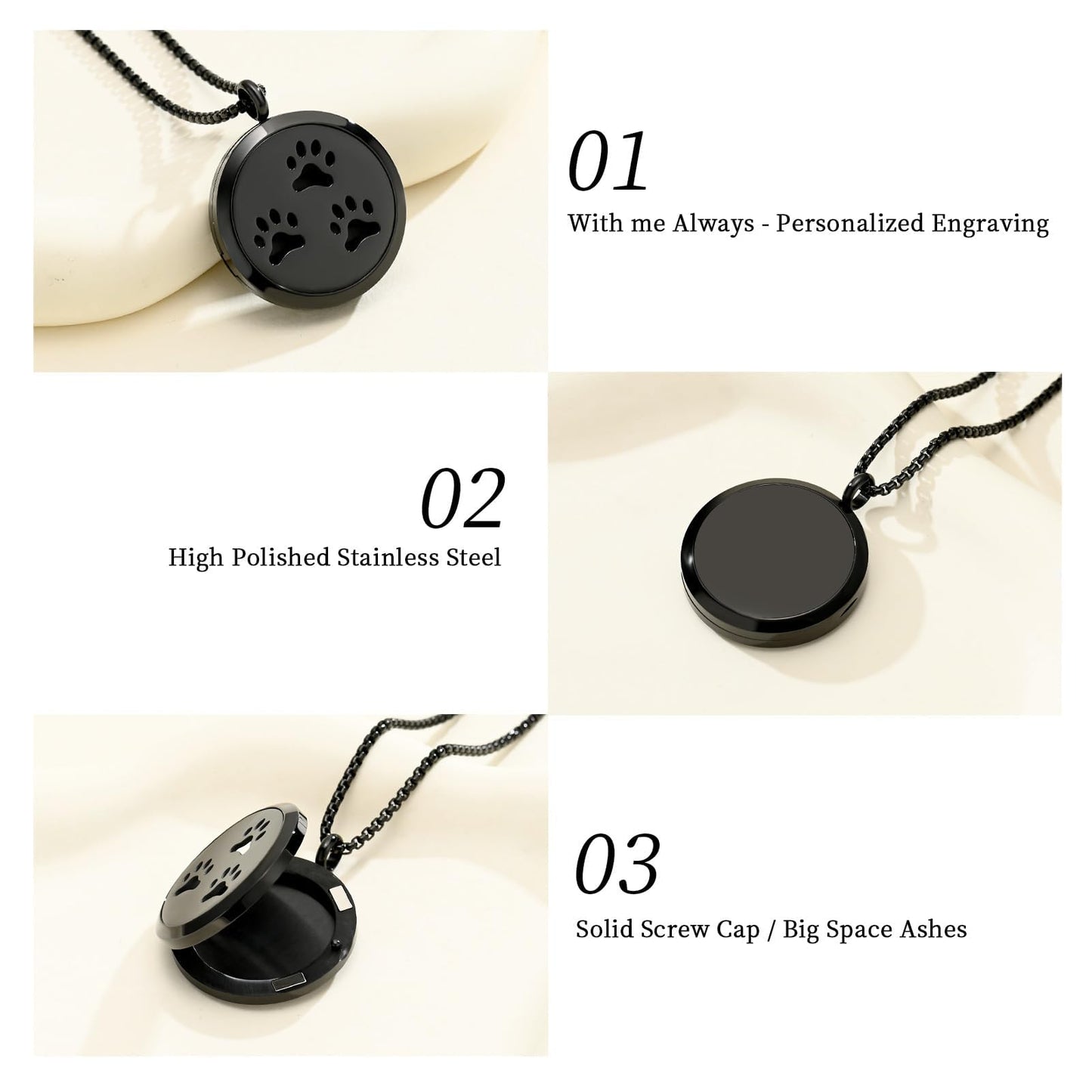 Minicremation Stainless Steel Paw Print Round Perfume Essential Oil Diffuser Pendant Necklace Women Aromatherapy Essential Oil Diffuser Locket Pendant Necklace, with Refill Pads