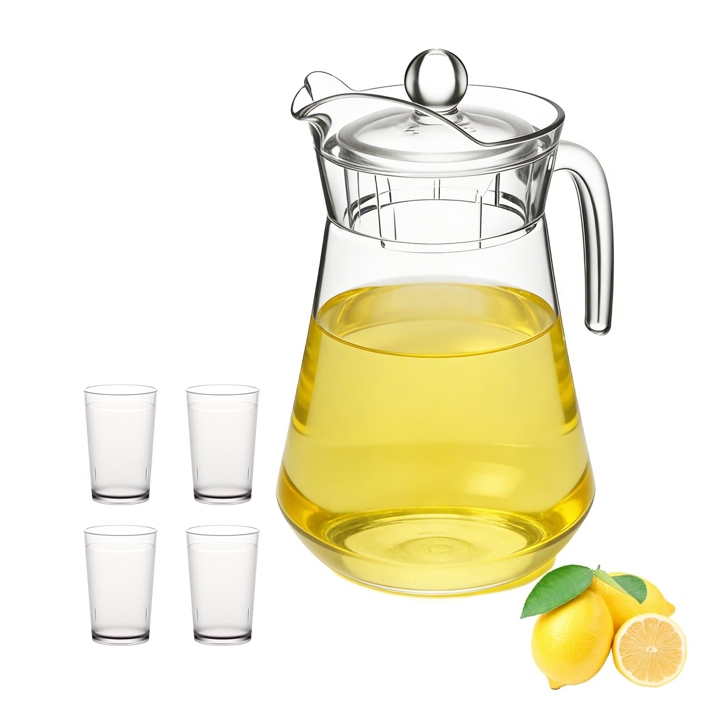 WELKOR Plastic Juice Pitcher with Lids & cups, 50 oz Large Capacity, Shatterproof & BPA-Free Water Jug for Tea, Lemonade, Sangria, Juice, Beverages