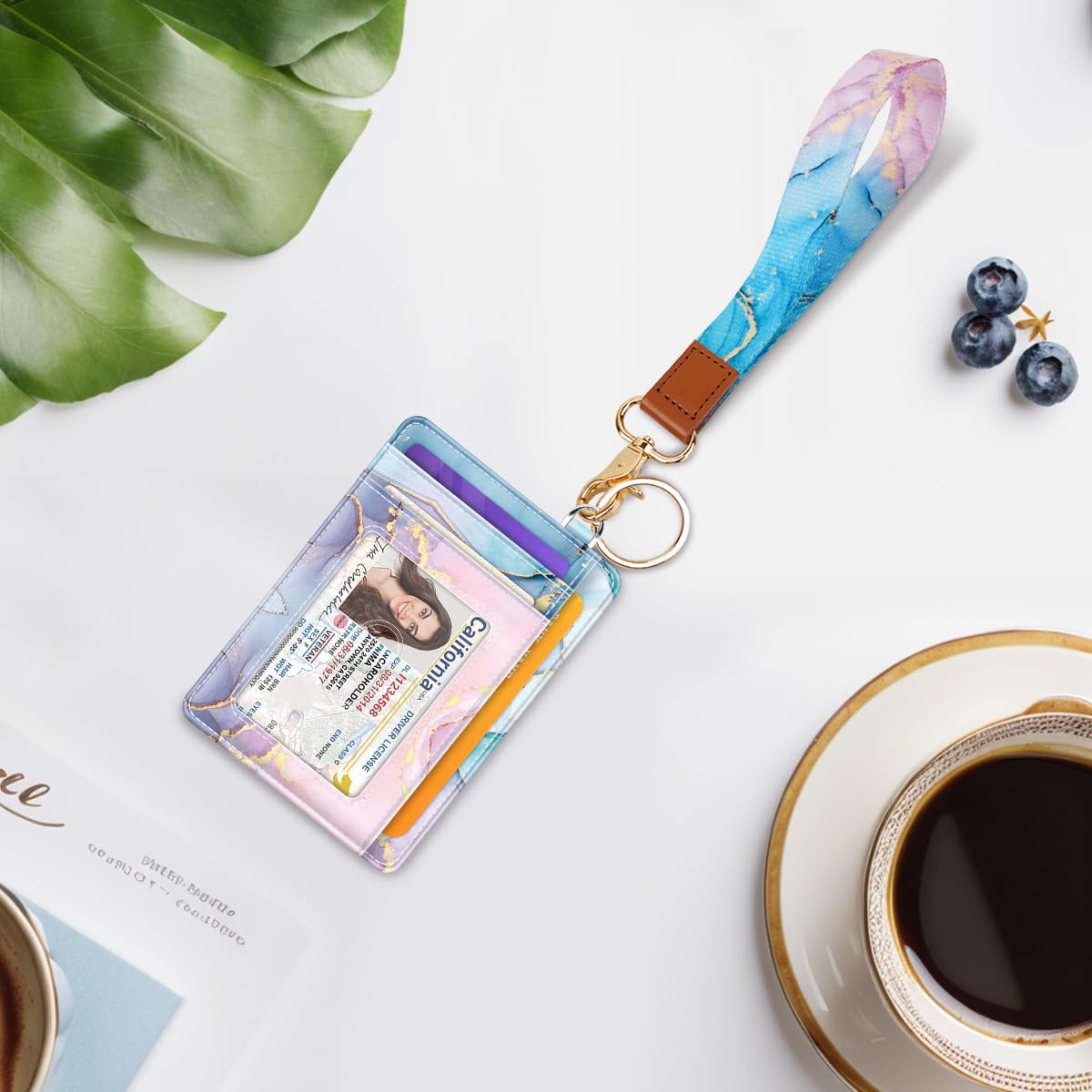 Coco Rossi Slim Front Pocket Wallet Minimalist RFID ID Card Holder Cute Small Wallets with Wrist Lanyards Key Chain Holder for Women, Gradient Marble
