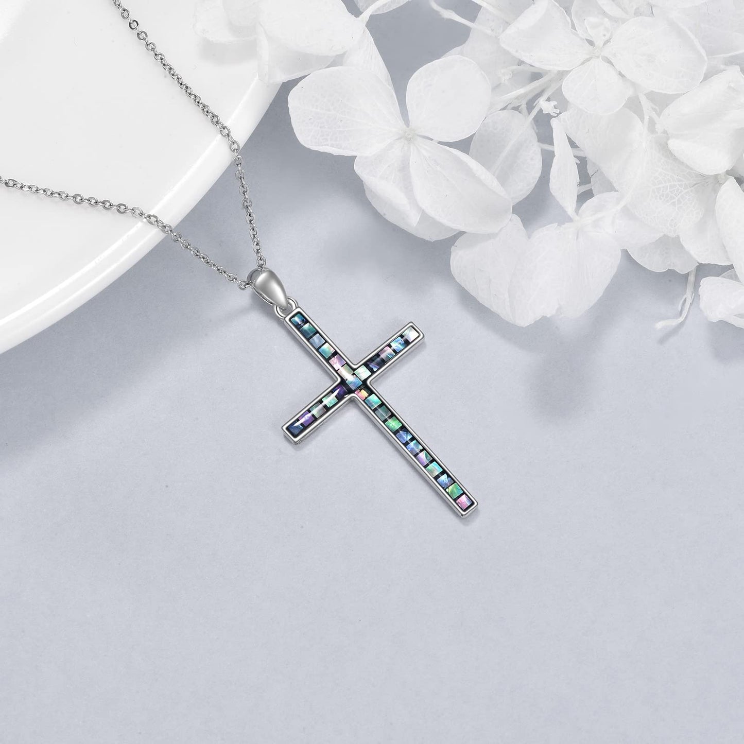 YFN Cross Necklace Sterling Silver Abalone Shell Cross Pendant Thin Cross Jewelry Gifts for Women Men