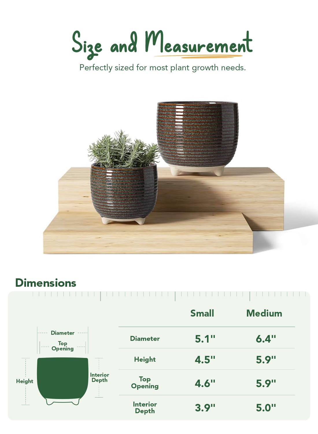 LE TAUCI Ceramic Plant Pots, 5.1 + 6.4 Inch Footed Pots for Plants, Modern Flower Pots for Home and Office, Indoor Planters with Drainage, Reactive Glaze Black