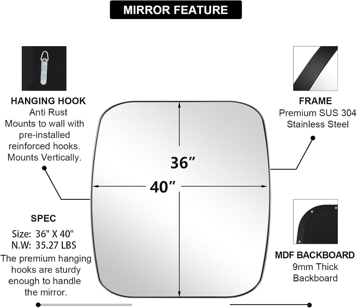 ANDY STAR Brushed Nickel Oblong Mirror, 36x40 Inch Brushed Nickel Oval Mirror for Bathroom with Stainless Steel Metal Frame, Wall Mouned for Bathroom, Living Room, Entryway