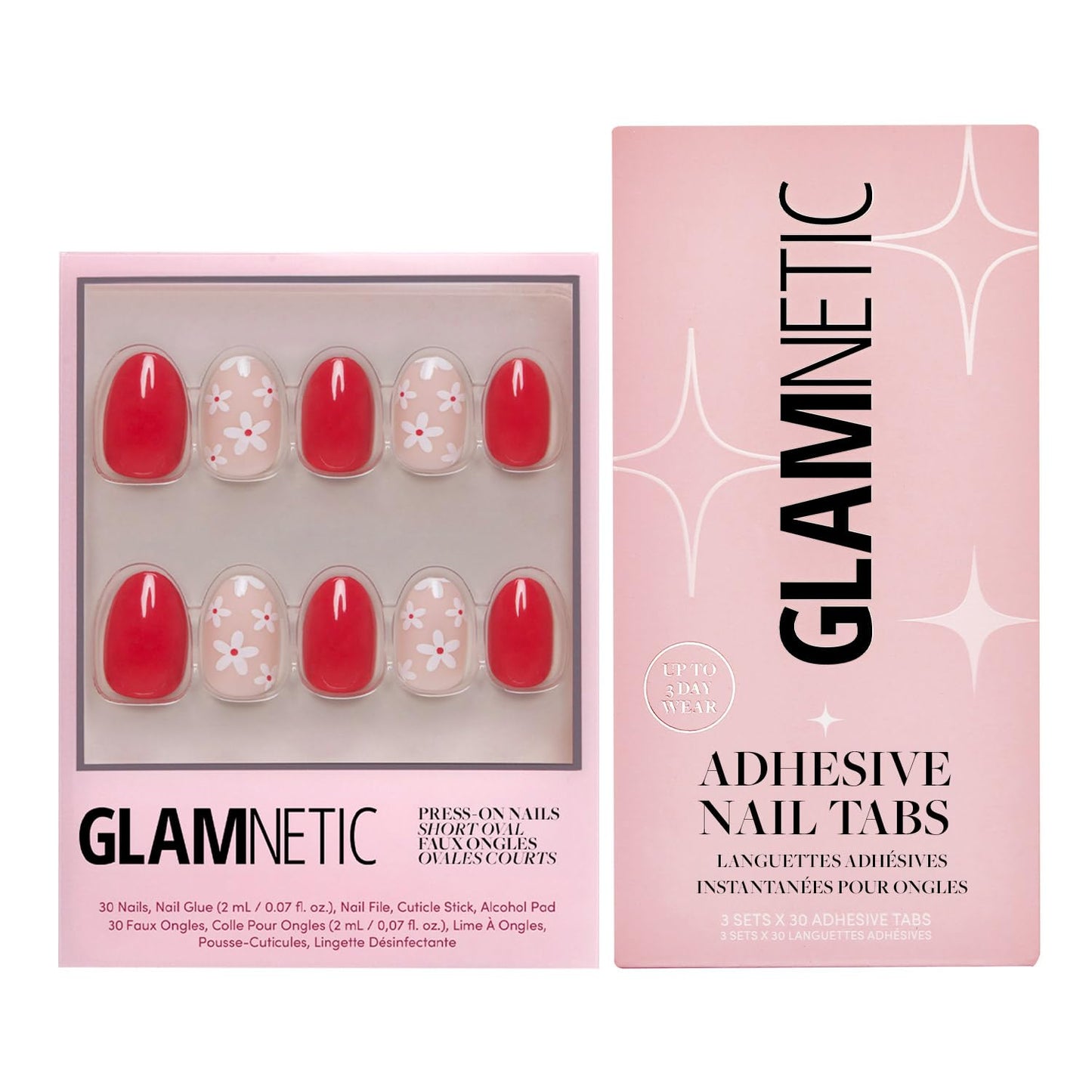 Glamnetic Press-On Nails & Adhesive Nail Tabs - Red Blossom | Short Oval Fake Nails with Floral Accents | 15 Sizes - 30 Nail Kit with Adhesive Tabs