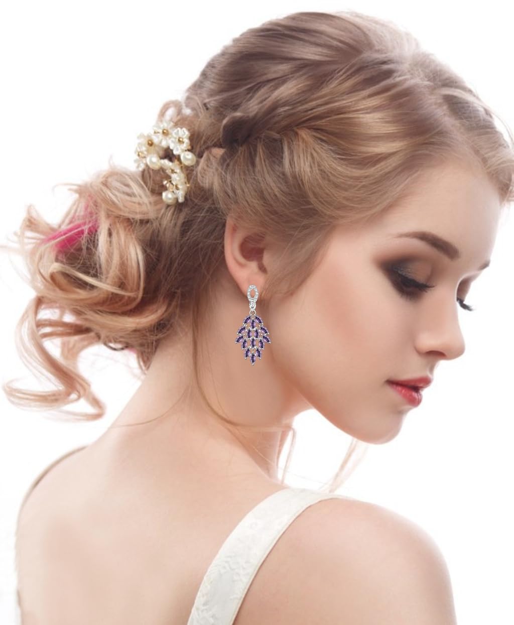 LMXXVJ Created Royal Blue Sapphire Long Earrings for Women,Platinum Plated Long Teardrop Earring
