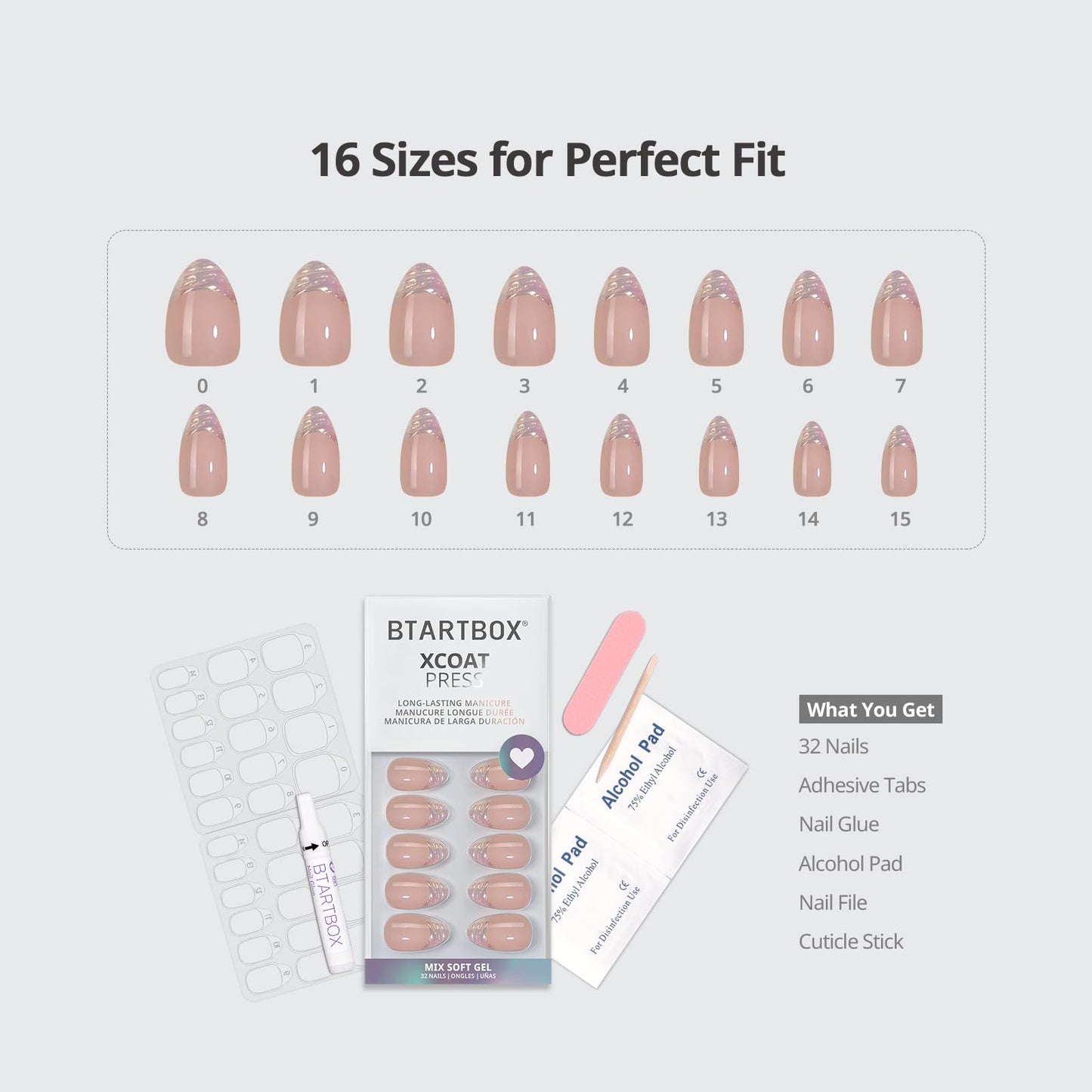 BTArtbox Short Almond Press On Nails - Aurora French Tip, Spring Glue On for Gifts, Natural Stick On in 16 Sizes - 32 Fake Nails Kit, Athena