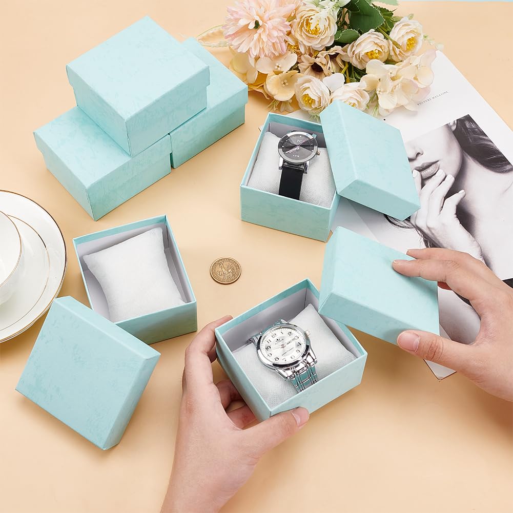 BENECREAT 6 Pack Kraft Cardboard Watch Storage Gift Box, 3.2x3x2inch Rectangle Present Jewelry Box with Nonwoven Cloth Cushion for Bangle Wrist Watch Bracelet Packaging, Pale Turquoise