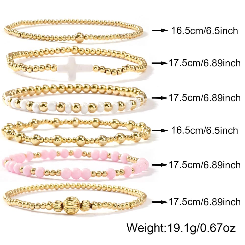 Bohxantium 14K Gold Beaded Bracelets for Women Boho Colorful Gold Beads Ball Stackable Stretch Christian Cross Bracelet Stack Waterproof Trendy Non Tarnish Jewelry Accessories Friendship Gift