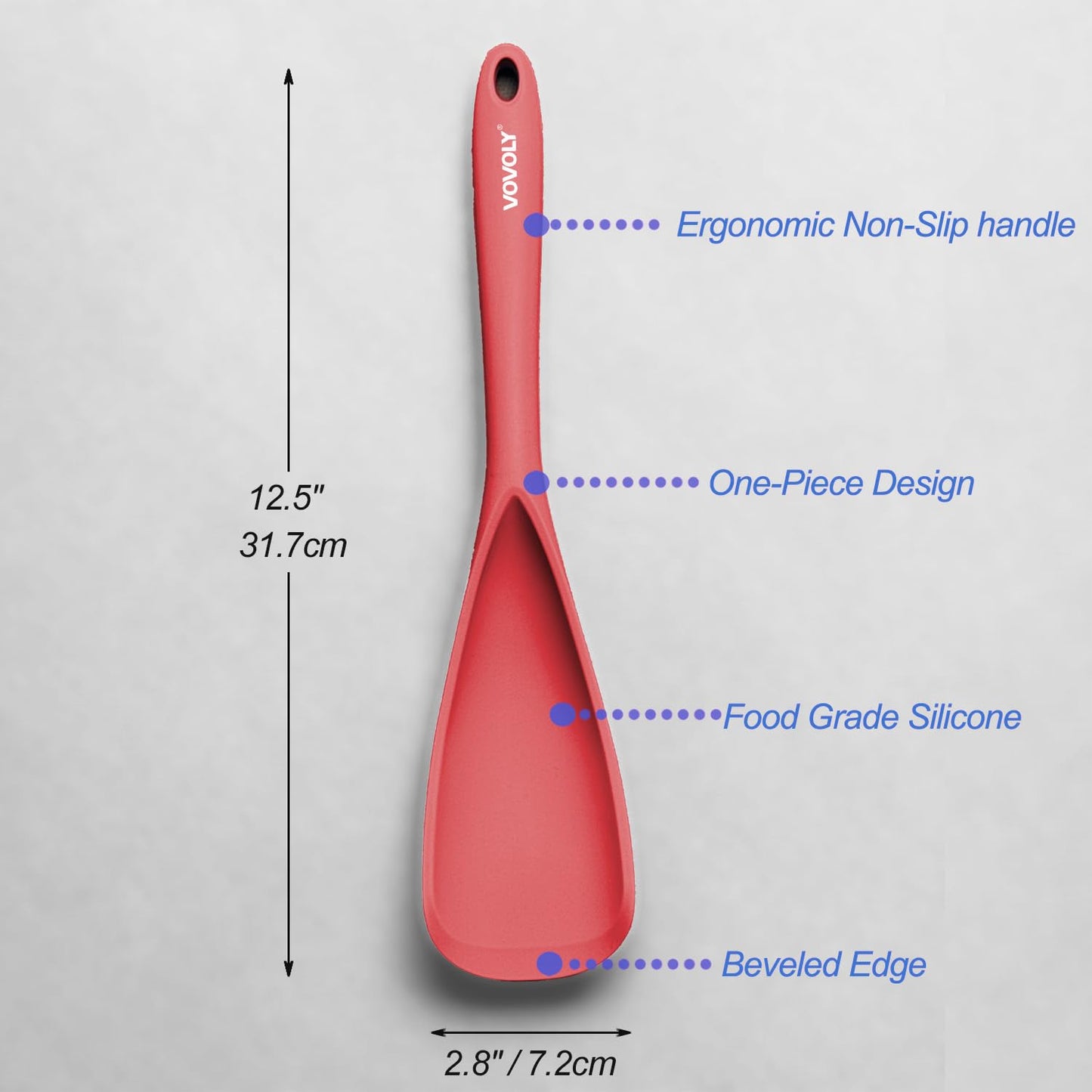 Cooking Spoon for Nonstick Cookwares, VOVOLY Silicone Spoon for Mixing, Scoop, and Scrape,Seamless Design, 12.6'', 2 Pack, Red
