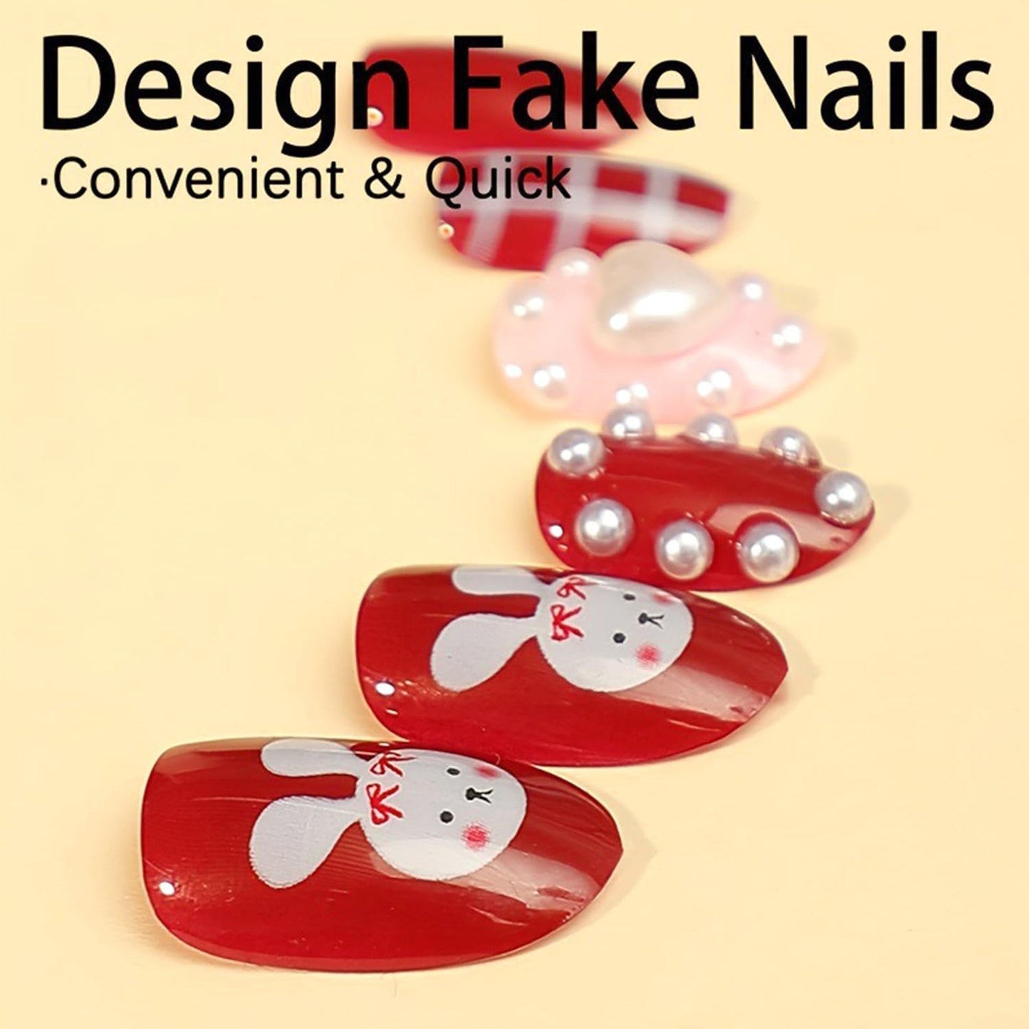 24Pcs Cute Valentines Press on Nails Short Oval Fake Nails with 3D Heart Pearls Designs Red Bow Love False Nails Red Glossy Full Cover Cute Rabbit Envelope Gel Artificial Stick on Nails for Women