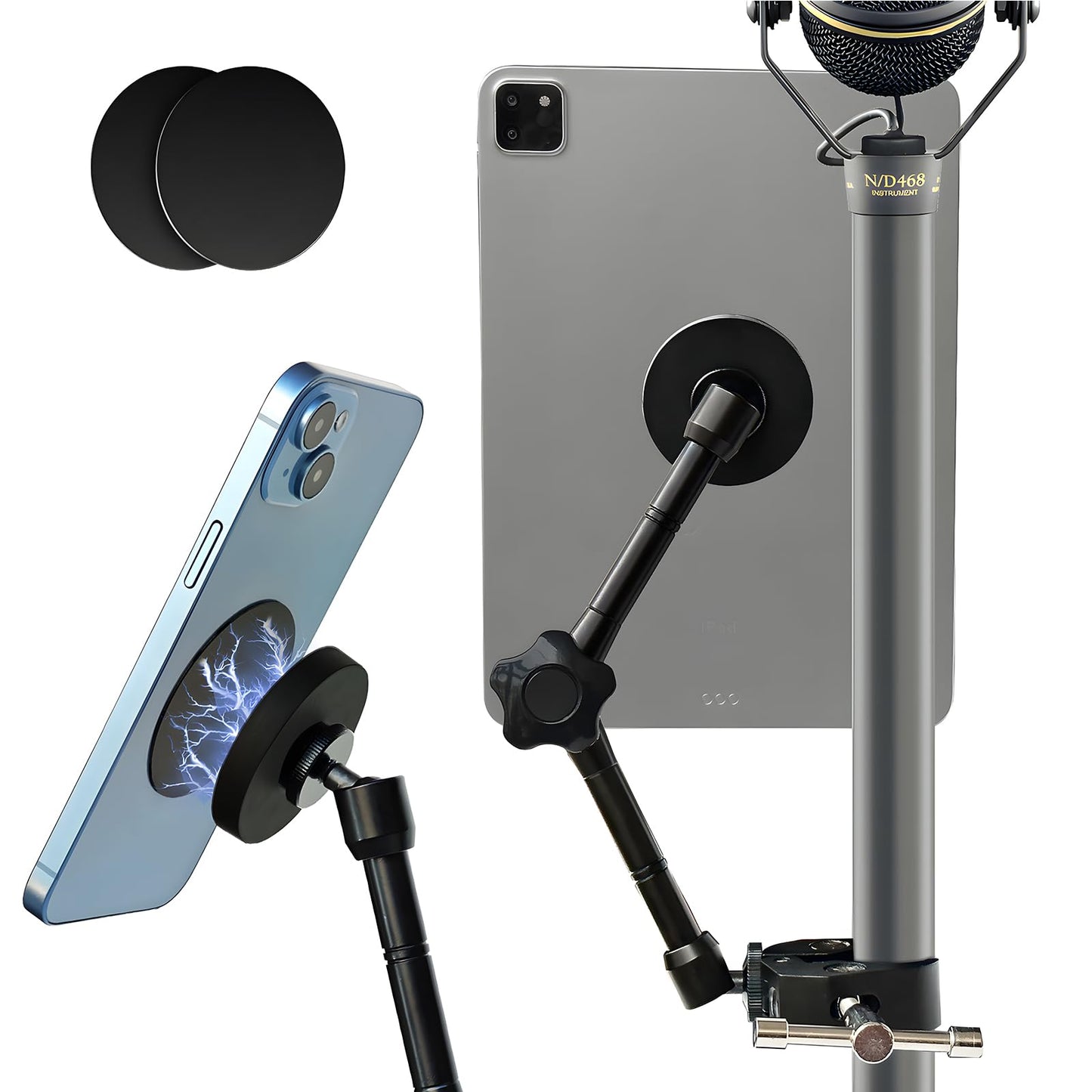 Magnetic Tablet Holder for Mic Stand, Full Metal Phone & iPad Music Stand, Compatible with All Models of iPad and iPhone Devices, Adjustable at Any Angle