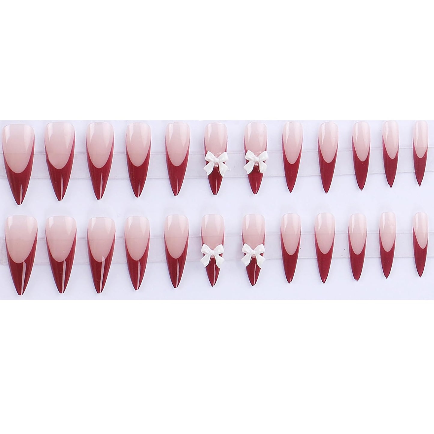 MERVF Long Press on Nails Almond Fake Nails Red French Tip Glue ons Stiletto Acrylic False Nail Charms with Bow Design 24pcs Glossy