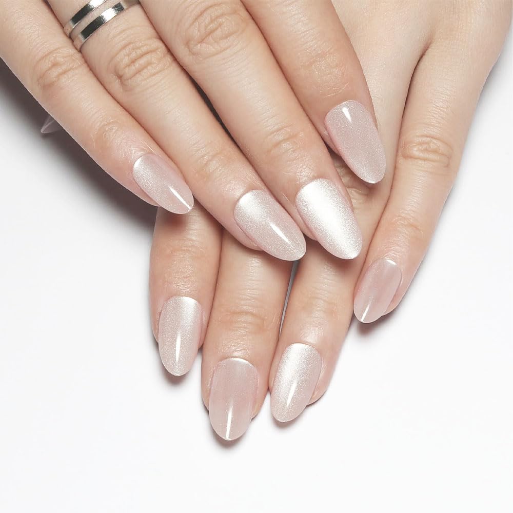 evpct Crystal White Cat Eye Extra Short Press on Nails Almond, Petite Short Almond Stick on Nails for Women Gift, White Glossy Holographic False Nail Reusable Press on Acrylic Fake Nail with Design