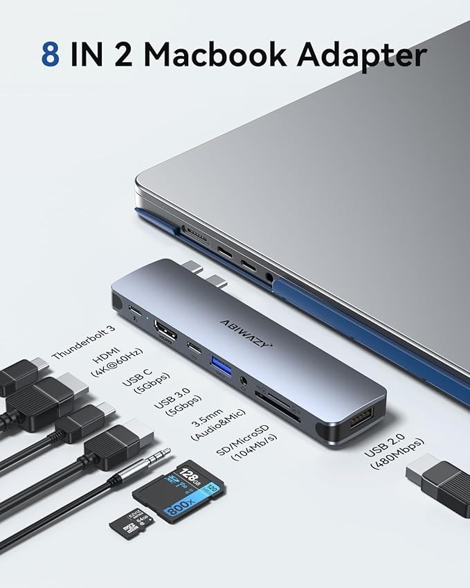 USB C Adapter HDMI USB Multiport Hub,8 in 2 Accessories with 4K@60hz HDMI,Thunderbolt 3,USB C and 3 USB A 3.0 Data Ports SD TF Card Reader, Audio (Grey)