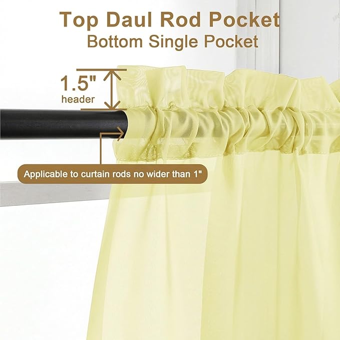 Chyhomenyc Sheer Curtains 54 Inch Long 2 Panels Set - Light Filtering Short Soft Airy Short Cafe Curtains, Modern Rod Pocket for Dinning Living Room Bedroom, 42Wx54L Inch, Light Yellow