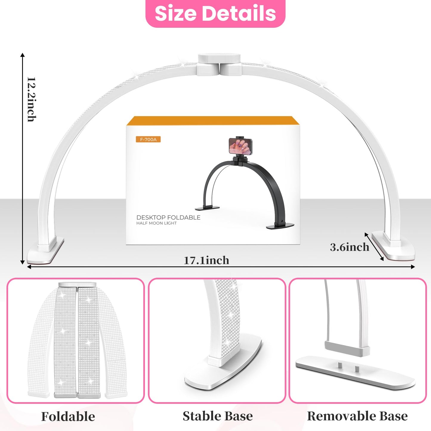 Uiopy Nail Half Moon Light: Arch Rhinestone LED 29in Moonlight with Phone Holder Stand 3 Light Colors /10 Brightness Levels - Professional Nail Salon Esthetician Media Tech(Diamond,Large)