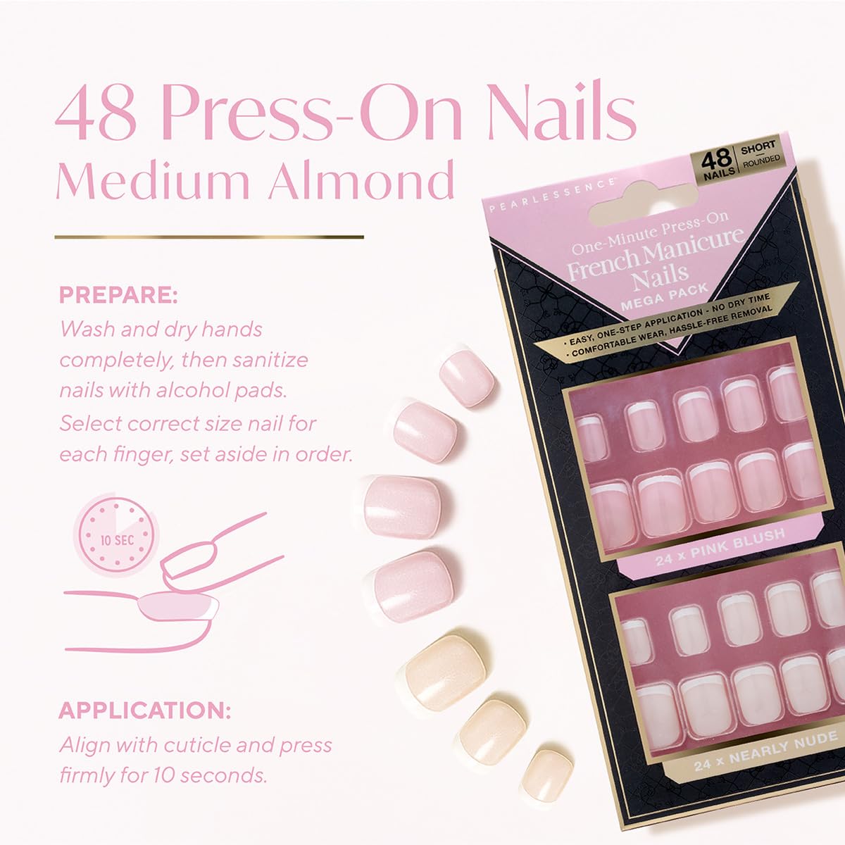 Pearlessence One Minute Press-On French Manicure Nails | 48-Count Mega Pack | Pink Blush & Nearly Nude | Short Rounded Shape | Easy Application, No Dry Time