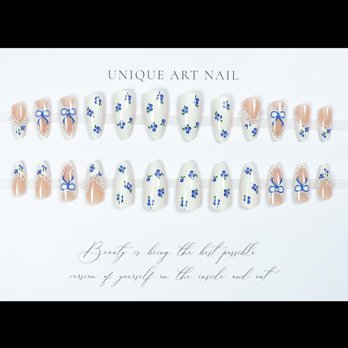 Medium Almond Press on Nails White Fake Nails French Tip False Nails with Blueberry Lace Pearl Design Glossy Stick on Nails Full Cover Glue on Nails Cute Artificial Nails for Women Manicure 24Pcs
