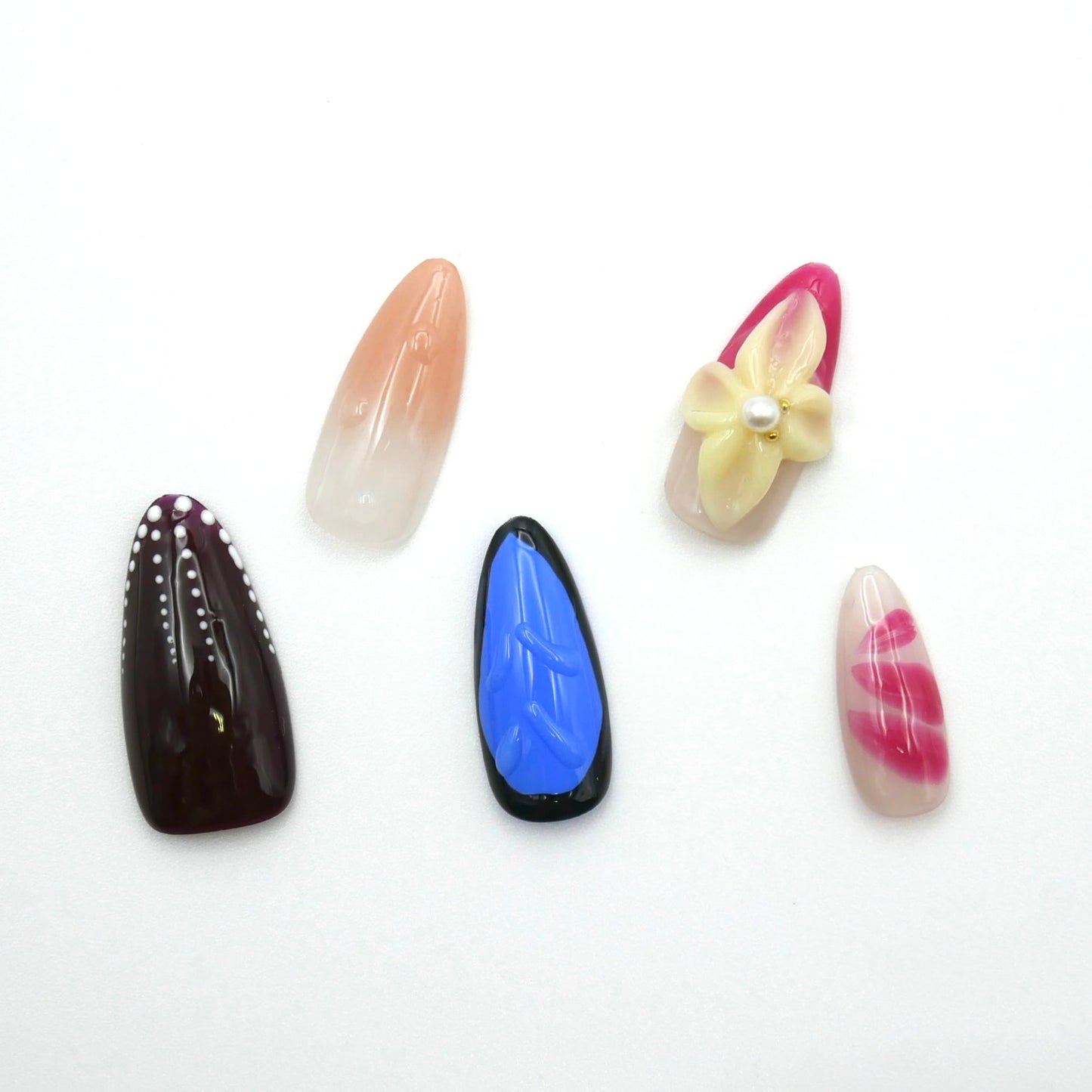 3D Pink Flower Press on Nails Almond - Medium French Tip Fake Nails with Embossed Flower & wave point Designs, Glossy Finish Reusable False Nails with Glue Tabs - 10Pcs Nail Kit for Women Manicure.