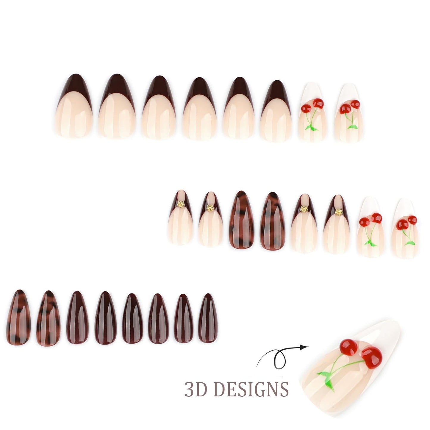 IMSOHOT Cherry Press on Nails Medium Almond Fake Nails Burgundy French Nail Tips Full Cover Glossy Glue on Nails Acrylic Artificial Cute False Nails for Women 24Pcs