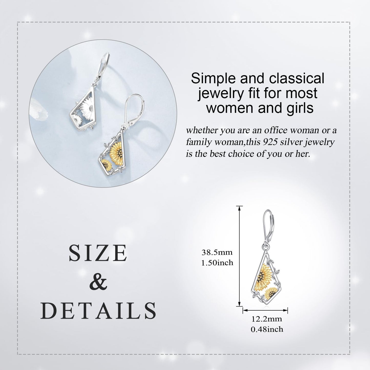 Sunflower Earrings 925 Sterling Silver Leverback Dangle Earrings Boho Sunflower Earrings for Women