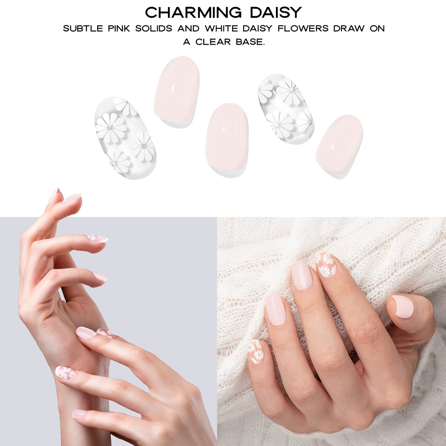 Adora Couture Semi Cured Gel Nail Strips with 20 Pieces - UV Gel Stickers, Manicure Kit, Easy Application Wraps Includes Prep Pads, Nail File, Wooden Stick - UV Light Required (Charming Daisy)