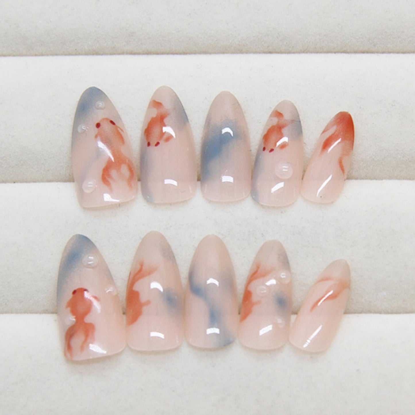Hkanlre Fish Press on Nails Long Cute Fake Nails Tips Full Cover Almond False Blue Nails for Women and Girls 24PCS