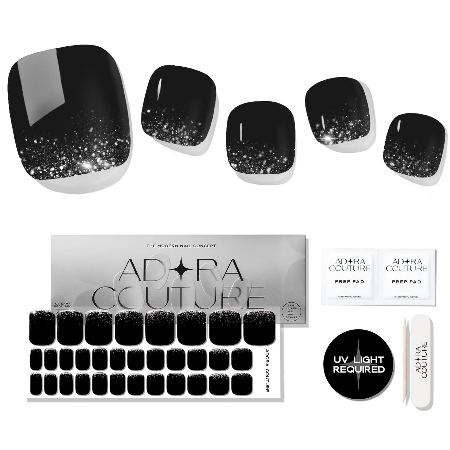 Semi Cured Gel Nail Strips – 32 Pcs Gel Pedicure Stickers - UV Nail Wraps for Toenails, Easy Application, Long Lasting, Salon Quality & UV Light Required - Midnight Glam P
