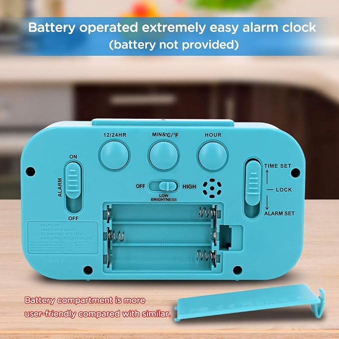Peakeep Night Light Digital Alarm Clock Battery Operated Indoor Temperature | Small Cordless Cute Clock for Bedroom Desk Travel, Simple to Use for Teens Kids (Blue)