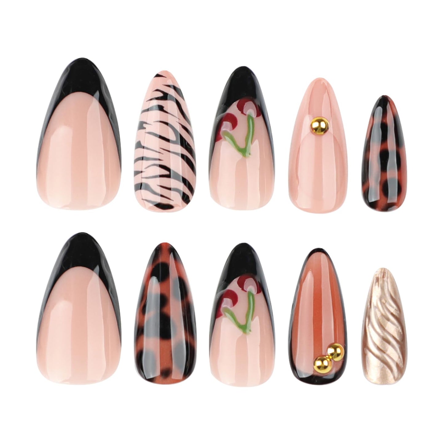 MISUD Press on Nails - Medium Almond Fake Nails with Cherry Tortoise, Acrylic Fall Brown Design 24 pcs