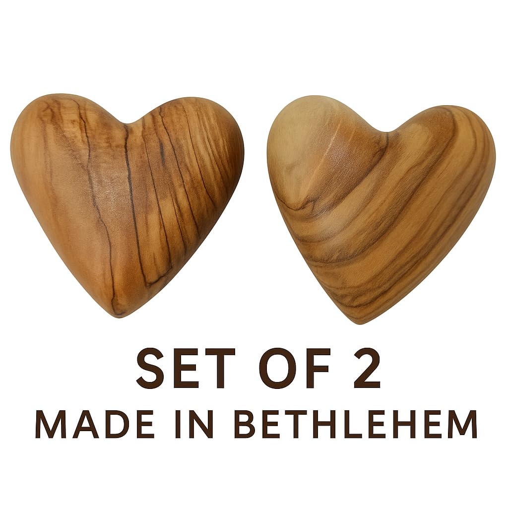 Zuluf Set of 2 Large Olive Wood Hearts 2.4" Hand Carved Wooden Heart Paperweights Rustic Table Centerpieces Wedding Decorations Valentine Gifts Home Décor Keepsakes Made in Bethlehem w/Certificate