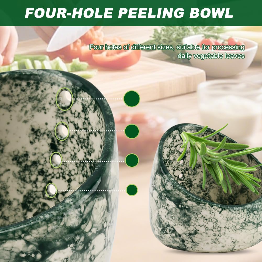 Herb Stripper Bowl, Handmade Ceramic Herb Stripper, Pottery Kitchen Efficient Leaf Removal Tool Available in Different Hole Sizes for Peeling the Stemmed Leaves(Color:Green)