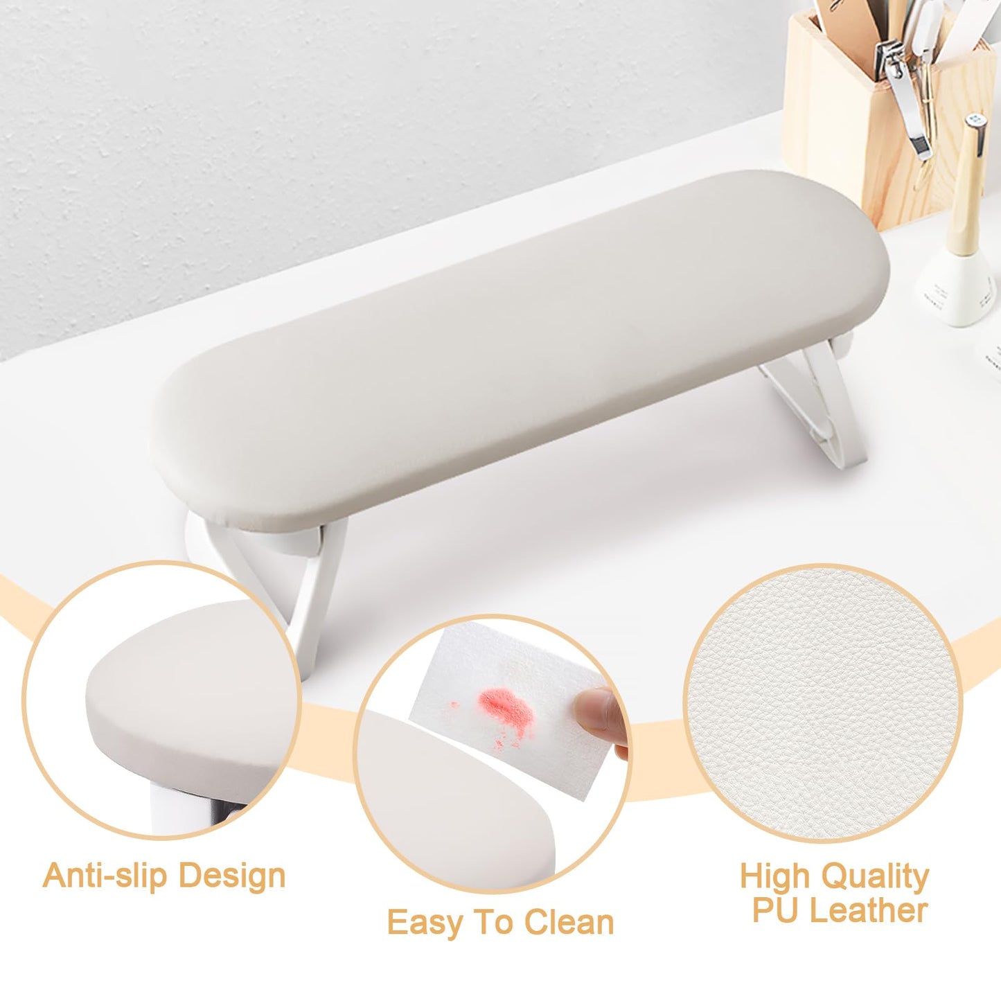 Subay Nail Art Table Mat Nail Arm Rest(Nail Hand Rest *1 & Nail Mat *1), Foldable PU Leather Nail Hand Rest for Acrylic Nails Cushion Hand Holder